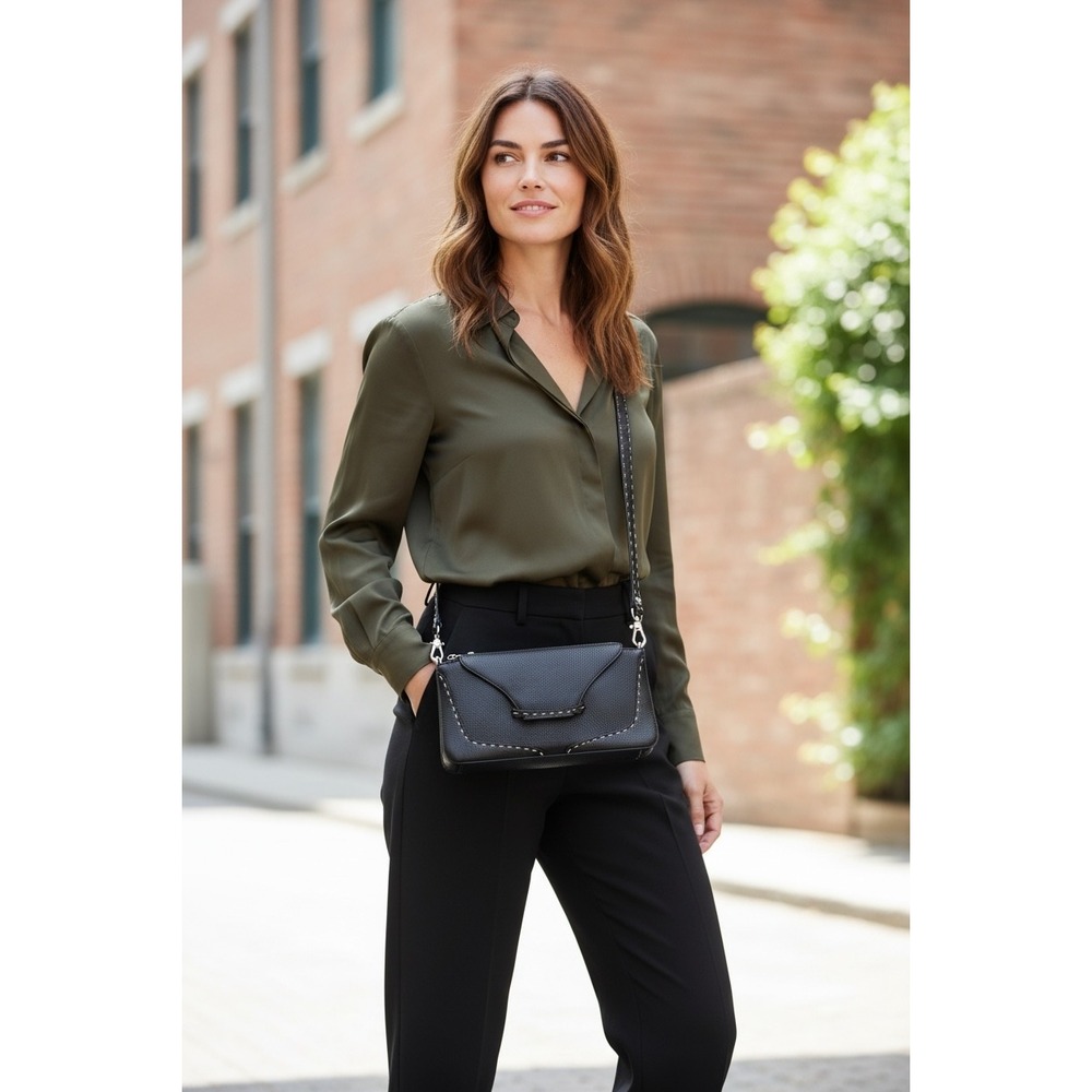 BCBGMAXAZRIA Black Pebbled Leather‎ Whipstitch Crossbody Bag Silver Hardware